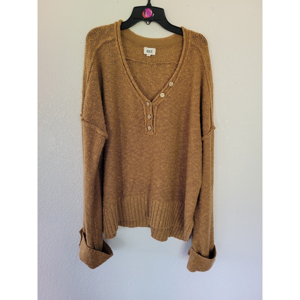 BKE Womens XL Camel Brown V-Neck Henley Knit Sweater Relaxed Fit Button Cuff #3